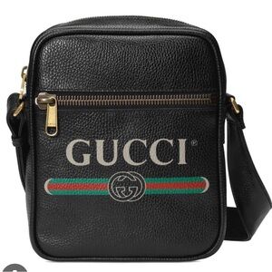 Gucci Black Leather Messenger Bag with Green and Red Web Stripe